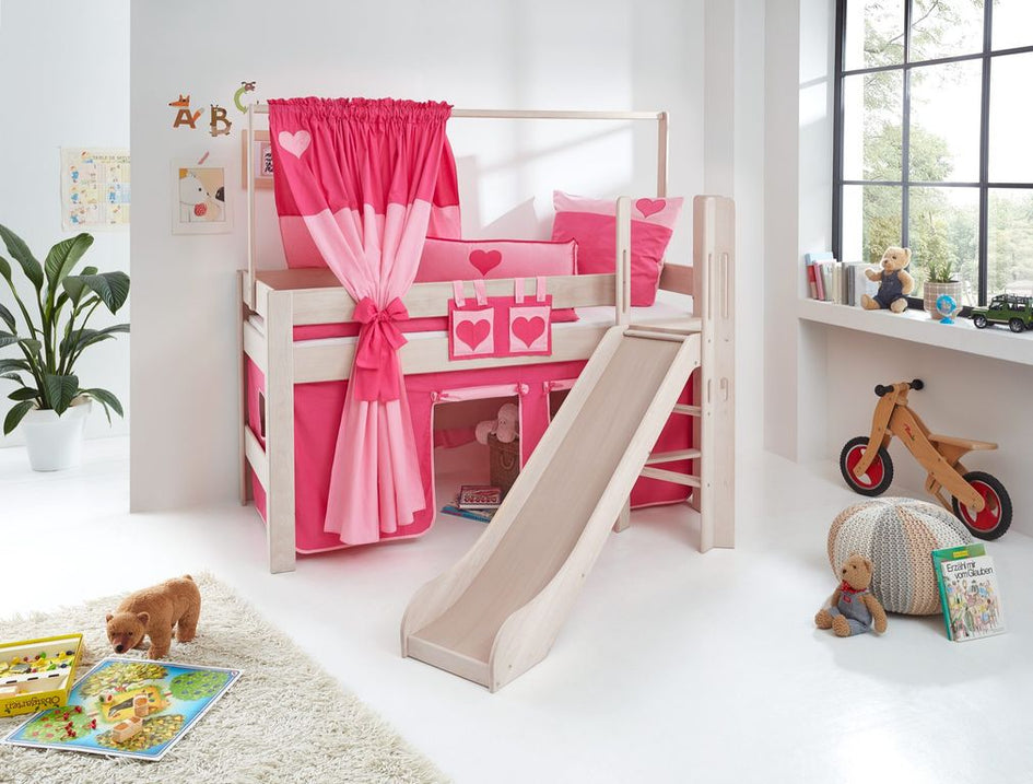 Hochbett LEO Kinderbett mit Rutsche Spielbett Bett Weiß Stoffset Pink/Herz - Froschkönig24