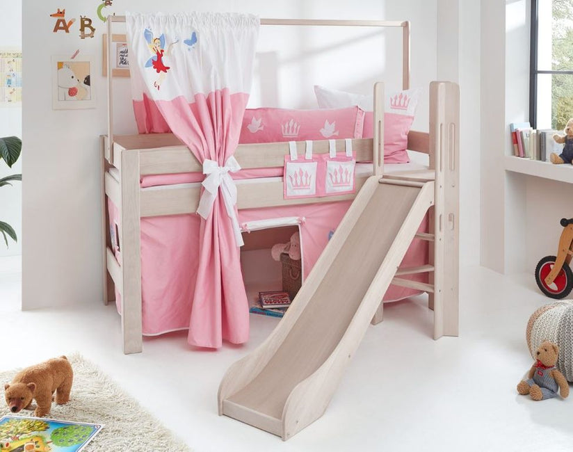 Hochbett LEO Kinderbett mit Rutsche Spielbett Bett Weiß Stoffset Prinzessin - Froschkönig24