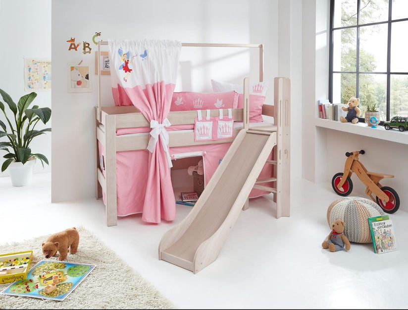 Hochbett LEO Kinderbett mit Rutsche Spielbett Bett Weiß Stoffset Prinzessin - Froschkönig24