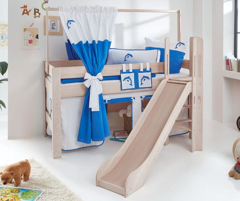 Hochbett LEO Kinderbett mit Rutsche Spielbett Bett Weiß Stoffset Weiß/Delfin - Froschkönig24