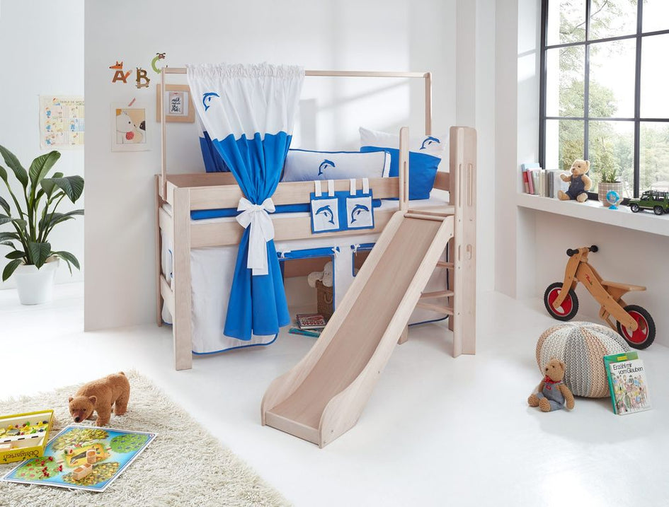 Hochbett LEO Kinderbett mit Rutsche Spielbett Bett Weiß Stoffset Weiß/Delfin - Froschkönig24