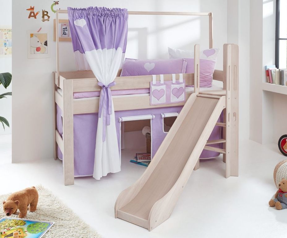 Hochbett LEO Kinderbett mit Rutsche Spielbett Bett Weiß Stoffset Lila/Weiß/Herz - Froschkönig24