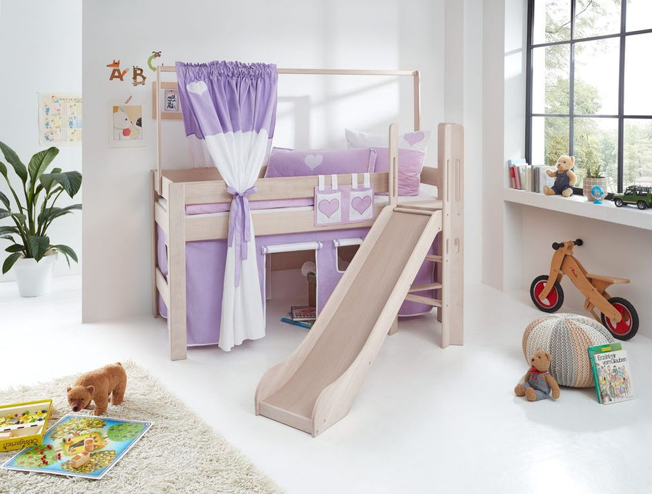 Hochbett LEO Kinderbett mit Rutsche Spielbett Bett Weiß Stoffset Lila/Weiß/Herz - Froschkönig24