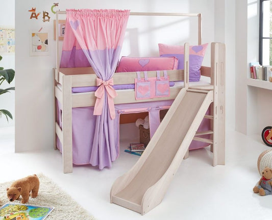 Hochbett LEO Kinderbett mit Rutsche Spielbett Bett Weiß Stoffset Lila/Rosa/Herz - Froschkönig24