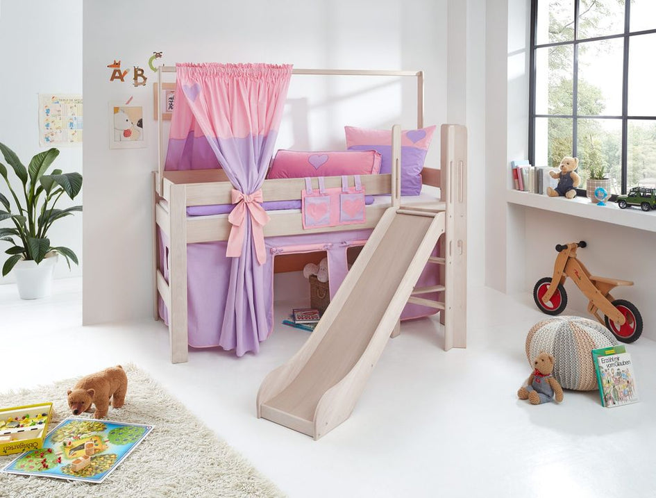 Hochbett LEO Kinderbett mit Rutsche Spielbett Bett Weiß Stoffset Lila/Rosa/Herz - Froschkönig24