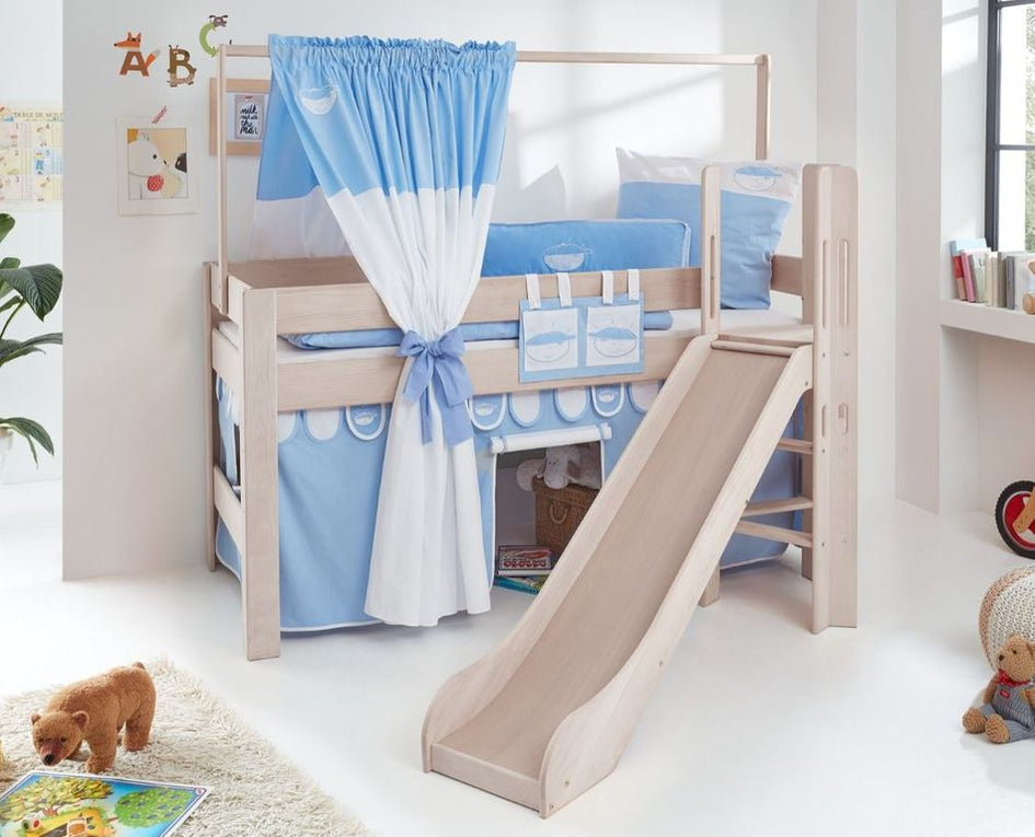 Hochbett LEO Kinderbett mit Rutsche Spielbett Bett Weiß Stoffset Blau/Boy - Froschkönig24