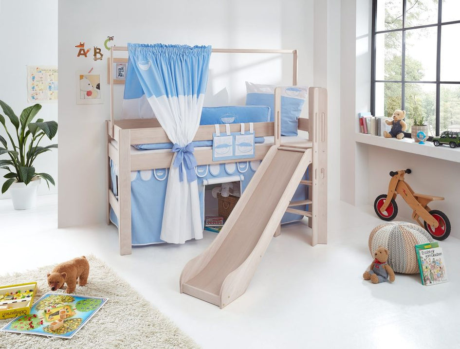 Hochbett LEO Kinderbett mit Rutsche Spielbett Bett Weiß Stoffset Blau/Boy - Froschkönig24