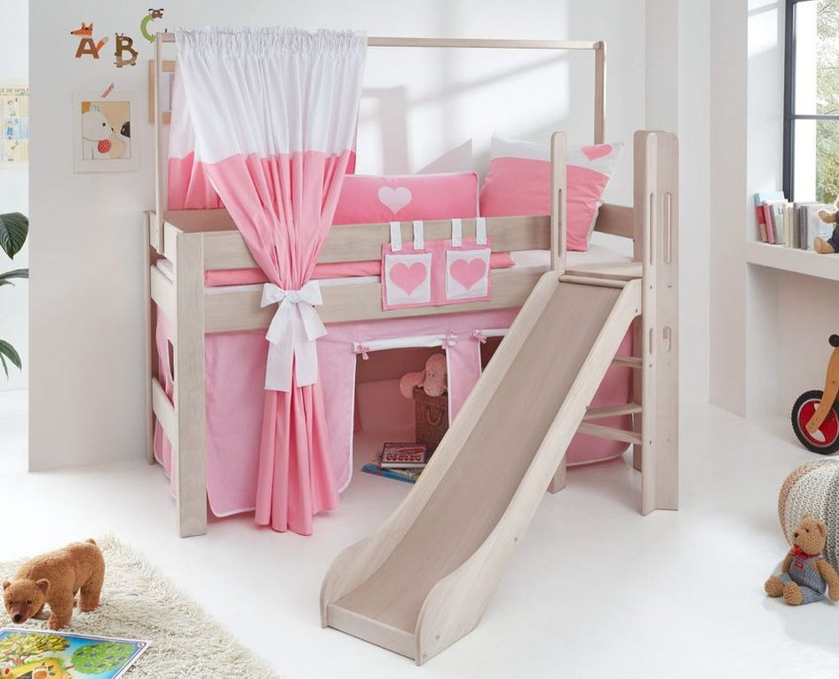 Hochbett LEO Kinderbett mit Rutsche Spielbett Bett Weiß Stoffset Rosa/Weiß/Herz - Froschkönig24