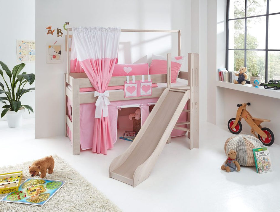 Hochbett LEO Kinderbett mit Rutsche Spielbett Bett Weiß Stoffset Rosa/Weiß/Herz - Froschkönig24