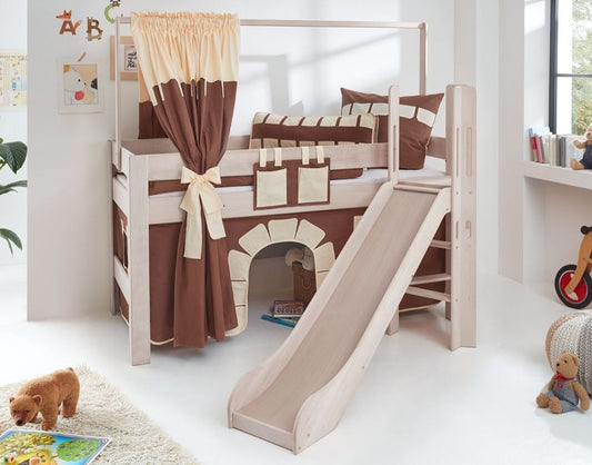 Hochbett LEO Kinderbett mit Rutsche Spielbett Bett Weiß Stoffset Burg - Froschkönig24