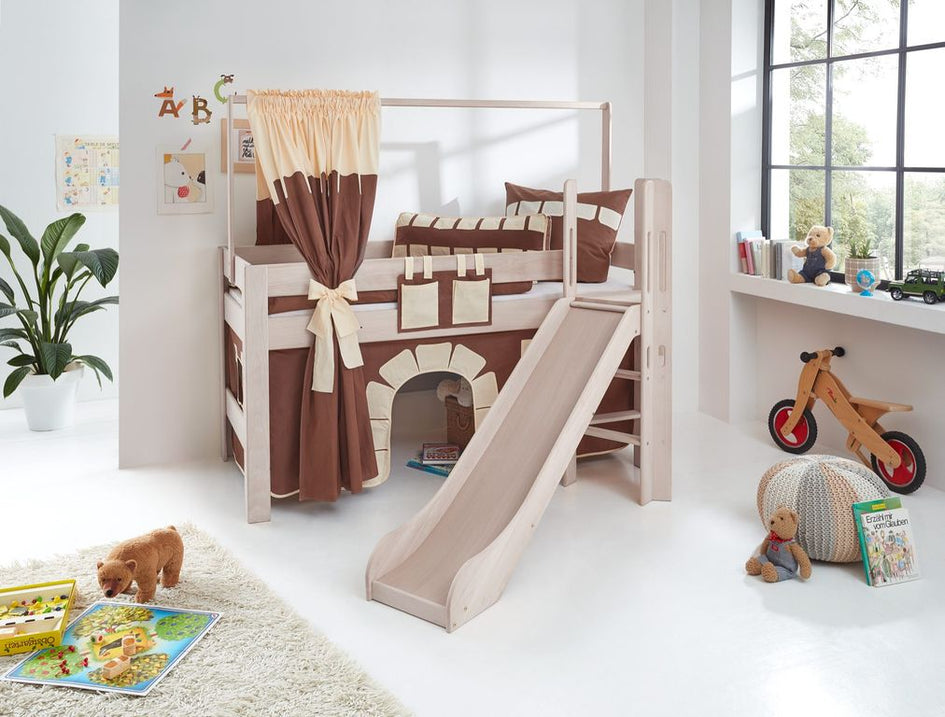 Hochbett LEO Kinderbett mit Rutsche Spielbett Bett Weiß Stoffset Burg - Froschkönig24