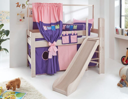 Hochbett LEO Kinderbett mit Rutsche Spielbett Bett Weiß Stoffset Rosa/Violett - Froschkönig24