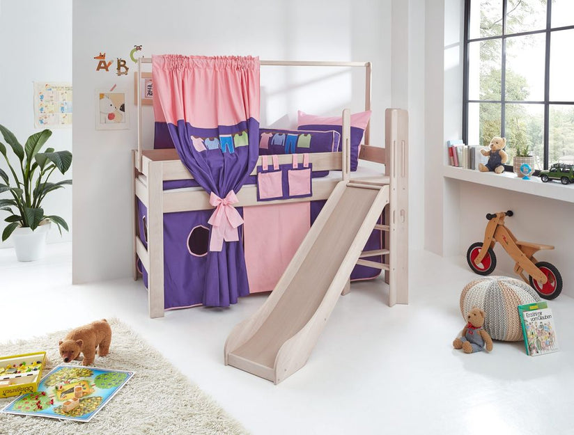 Hochbett LEO Kinderbett mit Rutsche Spielbett Bett Weiß Stoffset Rosa/Violett - Froschkönig24