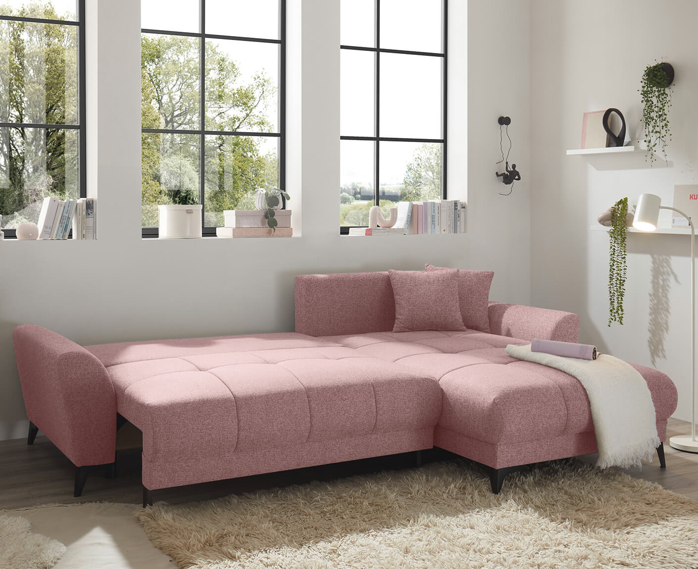 Bern Ecksofa 281 x 189 cm, mit Schlaffunktion und Bettkasten Rosa