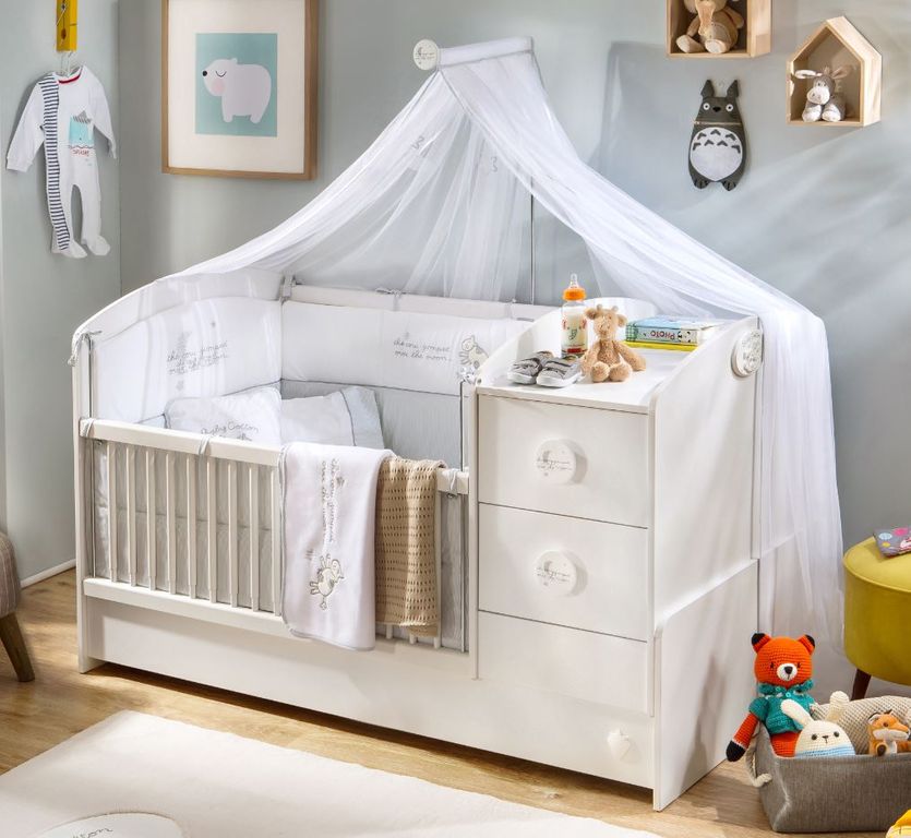 Cilek BABY COTTON Babybett L mit Zubehör mitwachsend Kinderbett Bett Weiß - Froschkönig24