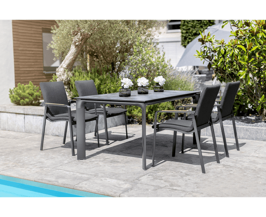 Kettler Gartenmöbelset 5-teilig, Diamond Stapelsessel gepolstert mit Teakarmlehnen, Gartentisch Diamond HPL Tischplatte Grau / Anthrazit