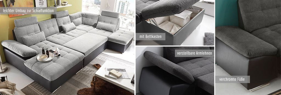 JAKARTA Wohnlandschaft m. Schlaffunktion Couch Sofa Schlafsofa Schwarz/Grau - Froschkönig24