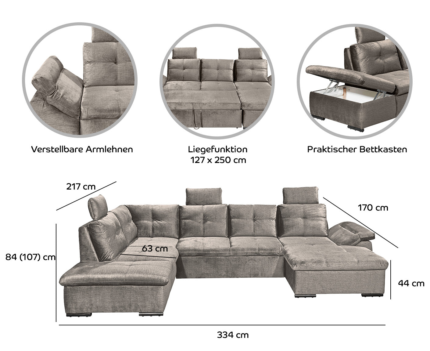 Alija Wohnlandschaft 334 x 217 cm, mit Schlaffunktion und Bettkasten Beige