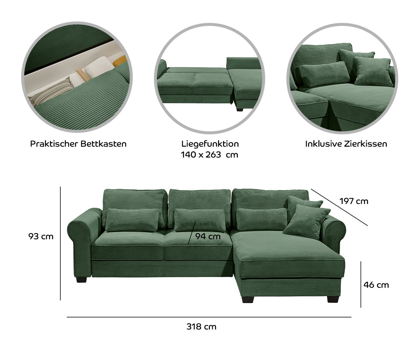 *AUSSTELLUNG* Angelina Ecksofa 318 x 197 cm, mit Schlaffunktion und Bettkasten Creme