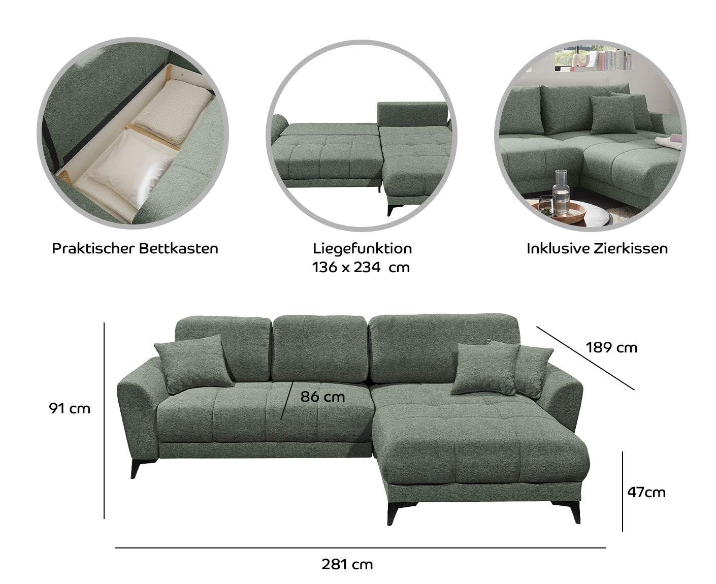 Bern Ecksofa 281 x 189 cm, mit Schlaffunktion und Bettkasten Espresso