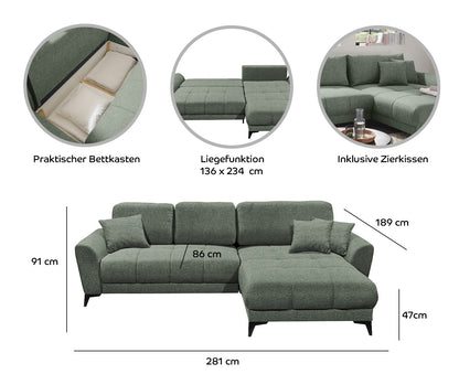 Bern Ecksofa 281 x 189 cm, mit Schlaffunktion und Bettkasten Espresso