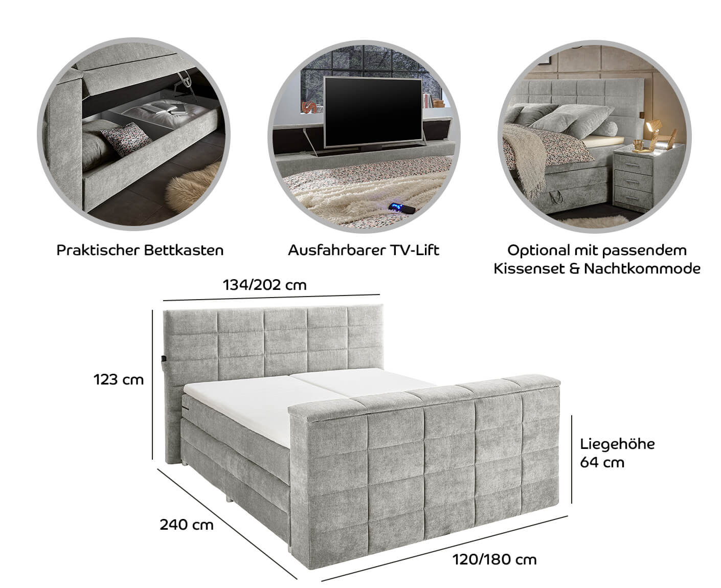 Denver Boxspringbett 180x200cm, inkl. Bettkasten & motorisierte TV-Halterung