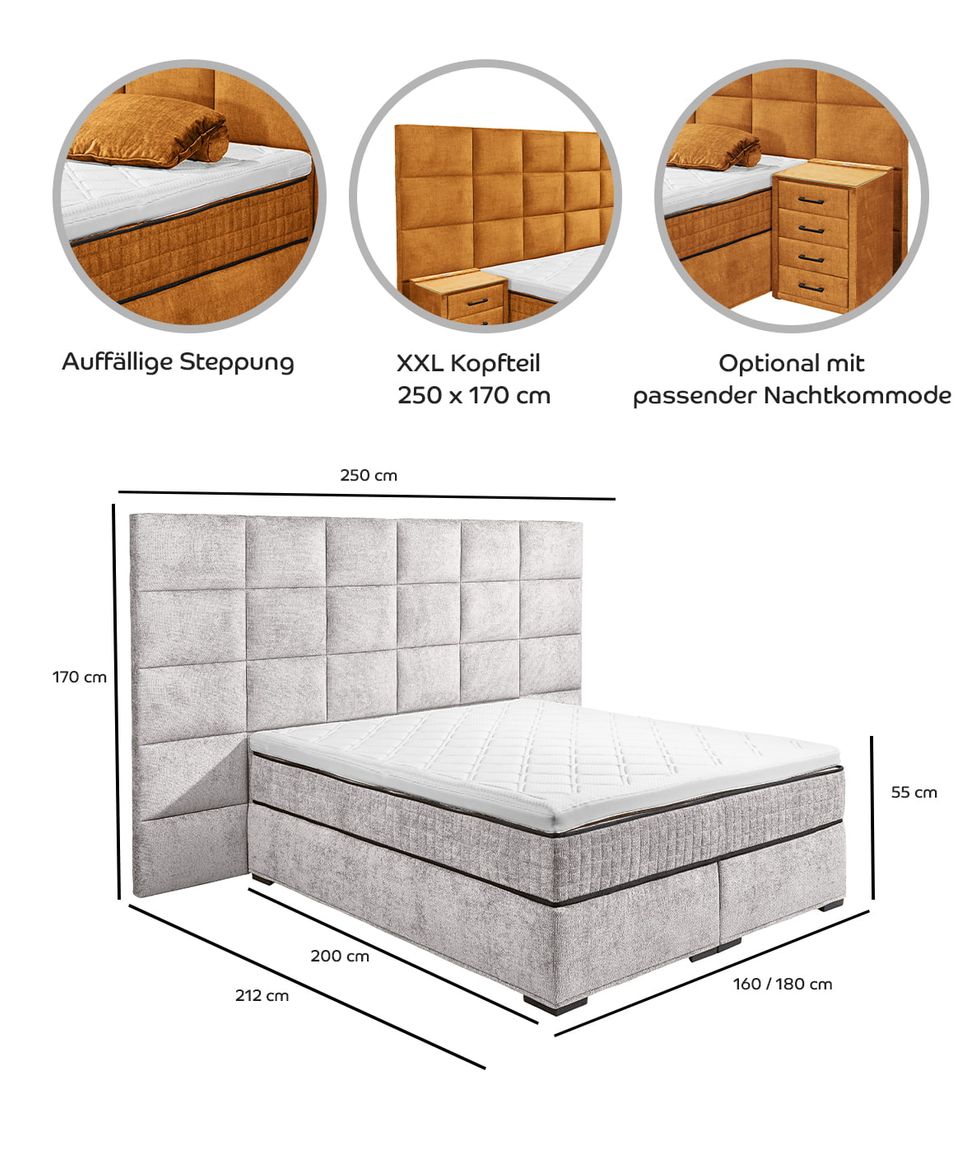 Naro XL Boxspringbett 180x200cm Vogue Creme