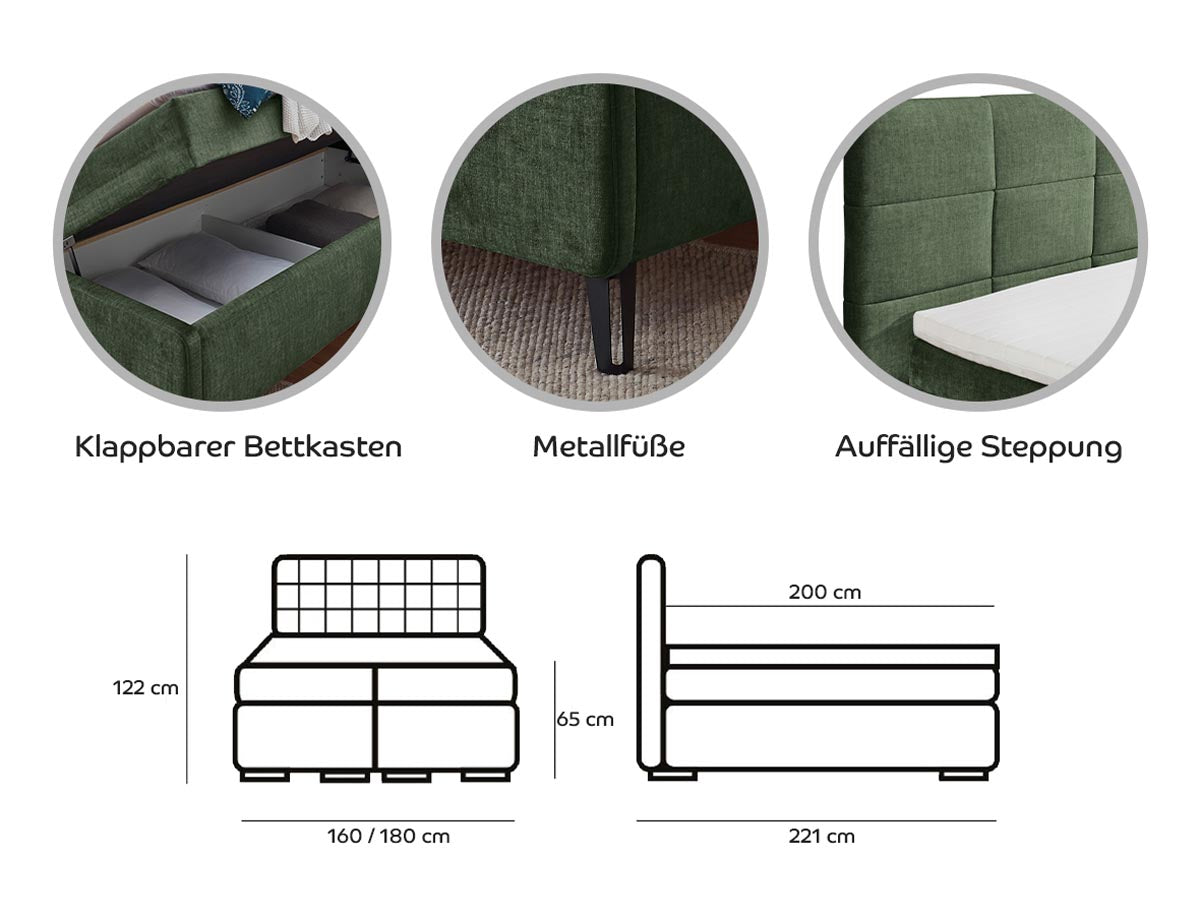 Torino Boxbett / Polsterbett inkl. Bettkasten 180x200cm Grau