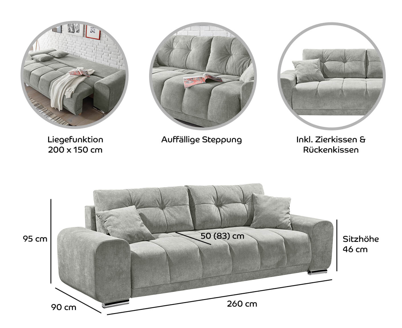 Paco Schlafsofa 260x90 cm, mit Bettkasten