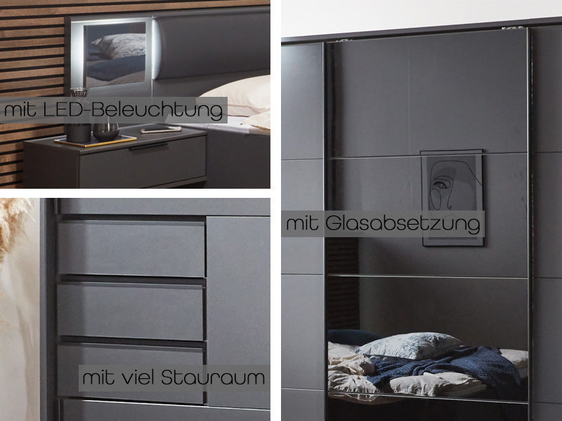 Barcelona Schwebetürenschrank mit 6 Schubkästen Graphit / Schwarz