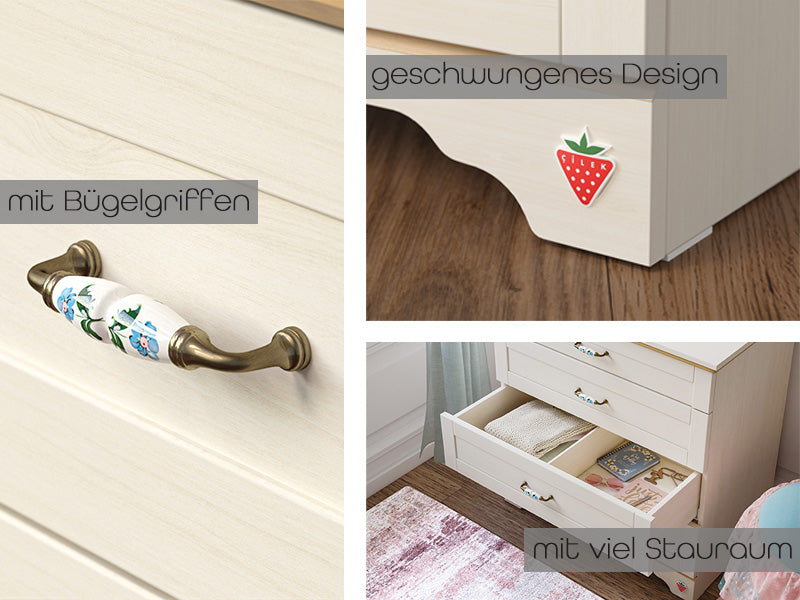 Cilek FLORA Kommode mit Spiegel Anrichte Sideboard Kinderzimmer Birke hell - Froschkönig24