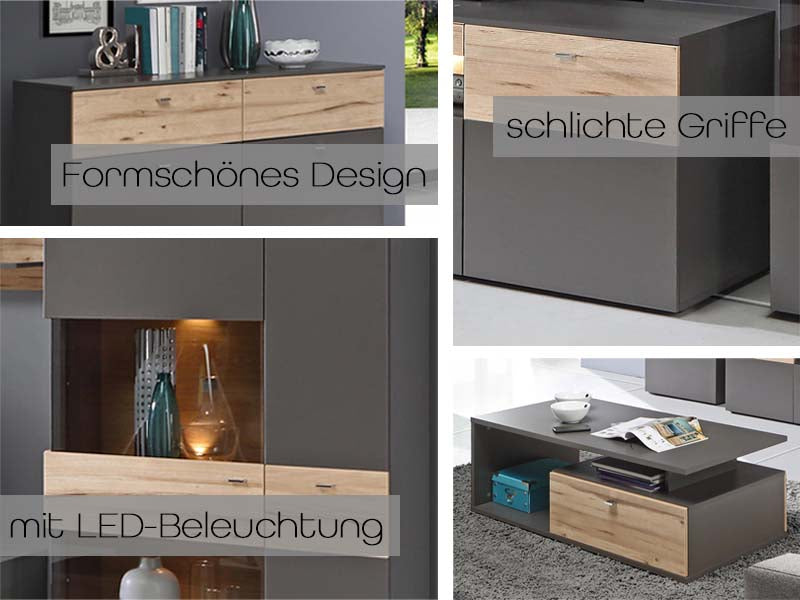 LATINA Vitrine L inkl. Beleuchtung Planked Eiche / Grau