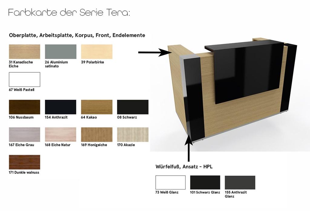 Tera Empfangstheke 5, Größe wählbar, Eckig Akazie / Front wählbar