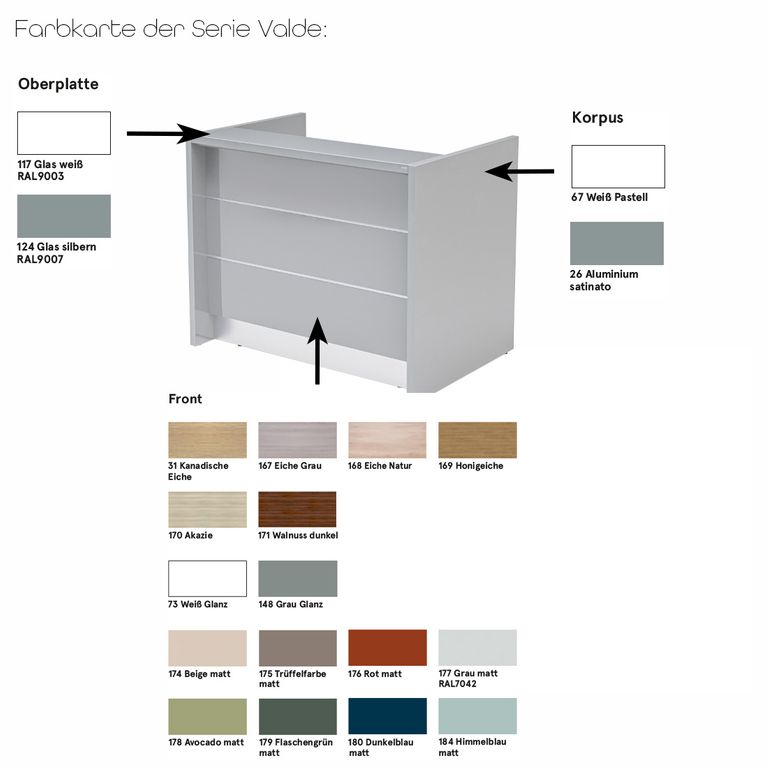 Valde 14 Empfangstheke, gebogen 635x150 cm, Weiß Hochglanz / Korpus wählbar