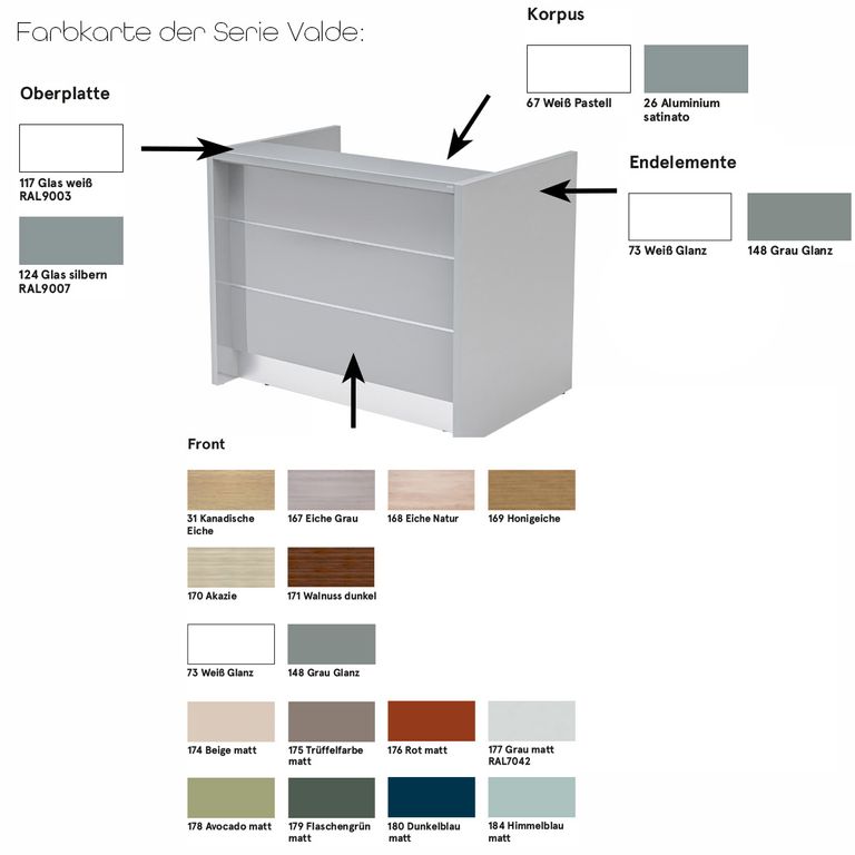 Valde 1 Counter / Empfangstheke, 92x45 cm Grau Hochglanz / Korpus wählbar