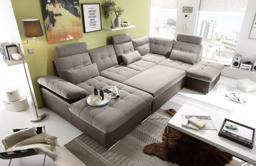 JAKARTA Wohnlandschaft m. Schlaffunktion Couch Sofa Schlafsofa Dunkelbraun/Camel - Froschkönig24