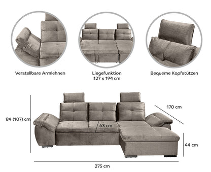 Alija Ecksofa Longchair 275 x 170 cm, mit Schlaffunktion Grau