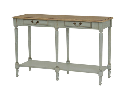 Limena Massivholz Konsolentisch 120 cm Gummibaum Olive / Hellbraun