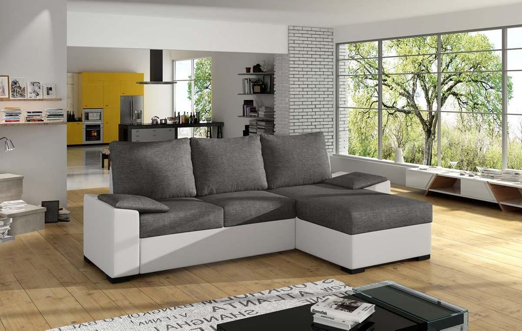 Lusso Ecksofa 245 x 160 cm Dunkelgrau / Weiß (Webstoff / Kunstleder)