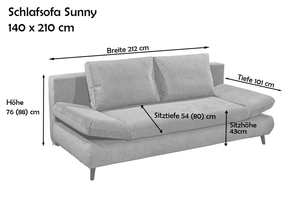 Sunny Schlafsofa 212 x 101 cm, inkl. Bettkasten, Stone