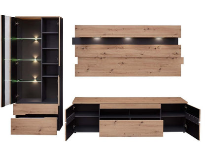 Memphis 3-teiliges Wohnzimmer Komplettset inkl. LED-Beleuchtung Graphit / Artisan Eiche