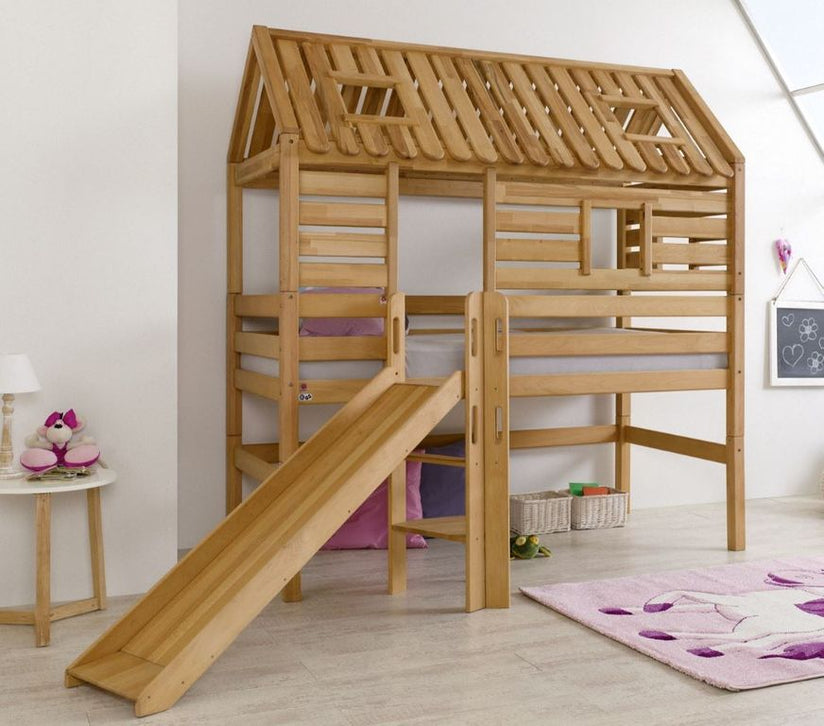 Hochbett Tom´s Hütte 1 Kinderbett mit Rutsche Spielbett Bett Natur - Froschkönig24