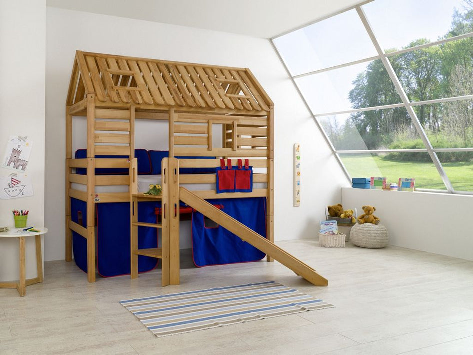 Hochbett Tom´s Hütte 1 Kinderbett m. Rutsche Spielbett Bett Natur Stoff Blau/Rot - Froschkönig24