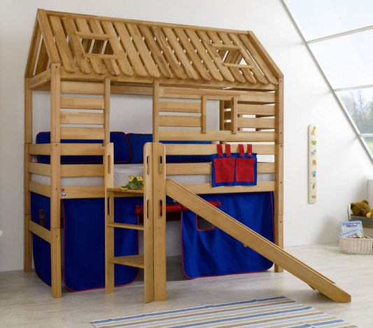 Hochbett Tom´s Hütte 1 Kinderbett m. Rutsche Spielbett Bett Natur Stoff Blau/Rot - Froschkönig24