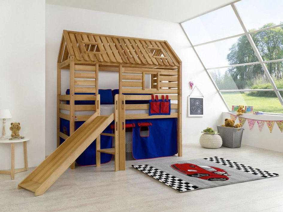 Hochbett Tom´s Hütte 1 Kinderbett m. Rutsche Spielbett Bett Natur Stoff Blau/Rot - Froschkönig24