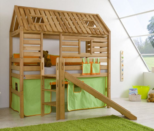 Hochbett Tom´s Hütte 1 Kinderbett Rutsche Spielbett Bett Natur Stoff Grün/Orange - Froschkönig24