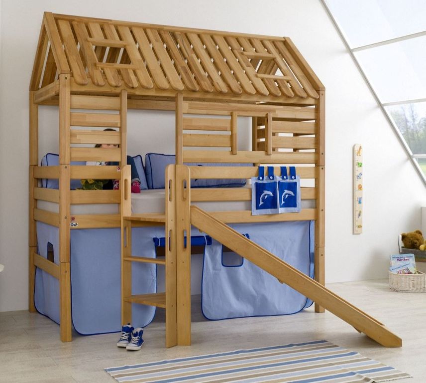 Hochbett Tom´s Hütte 1 Kinderbett Rutsche Spielbett Bett Natur Stoff Blau/Delfin - Froschkönig24