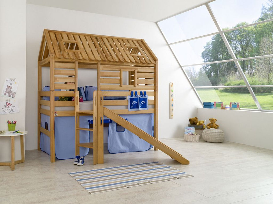 Hochbett Tom´s Hütte 1 Kinderbett Rutsche Spielbett Bett Natur Stoff Blau/Delfin - Froschkönig24