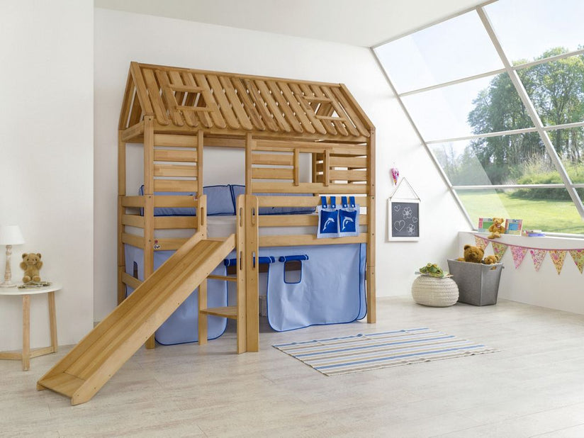 Hochbett Tom´s Hütte 1 Kinderbett Rutsche Spielbett Bett Natur Stoff Blau/Delfin - Froschkönig24