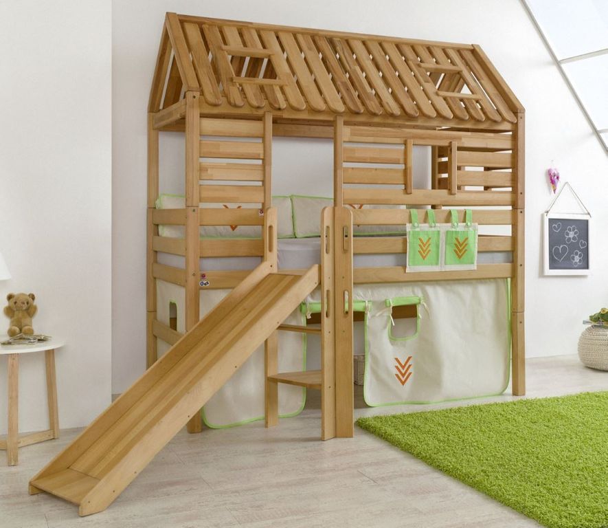 Hochbett Tom´s Hütte 1 Kinderbett m. Rutsche Spielbett Bett Natur Stoff Indianer - Froschkönig24